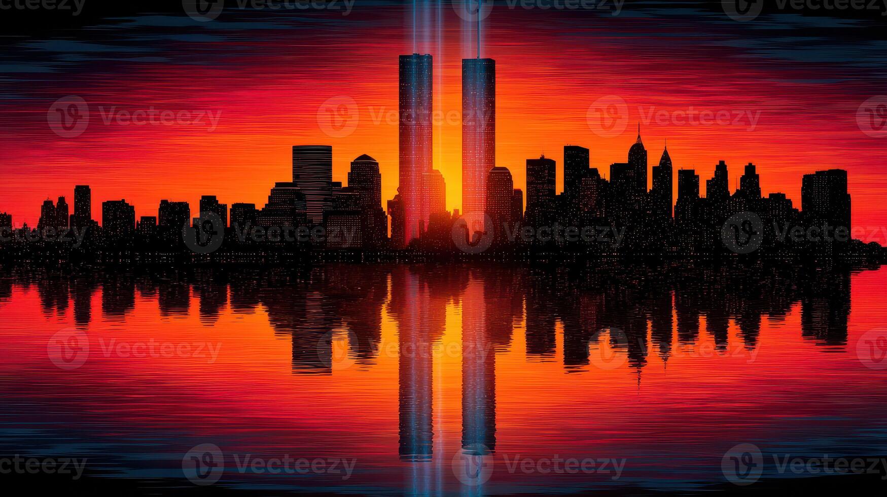 Sunset over skyline with twin towers illuminated by beams of light reflecting on water photo