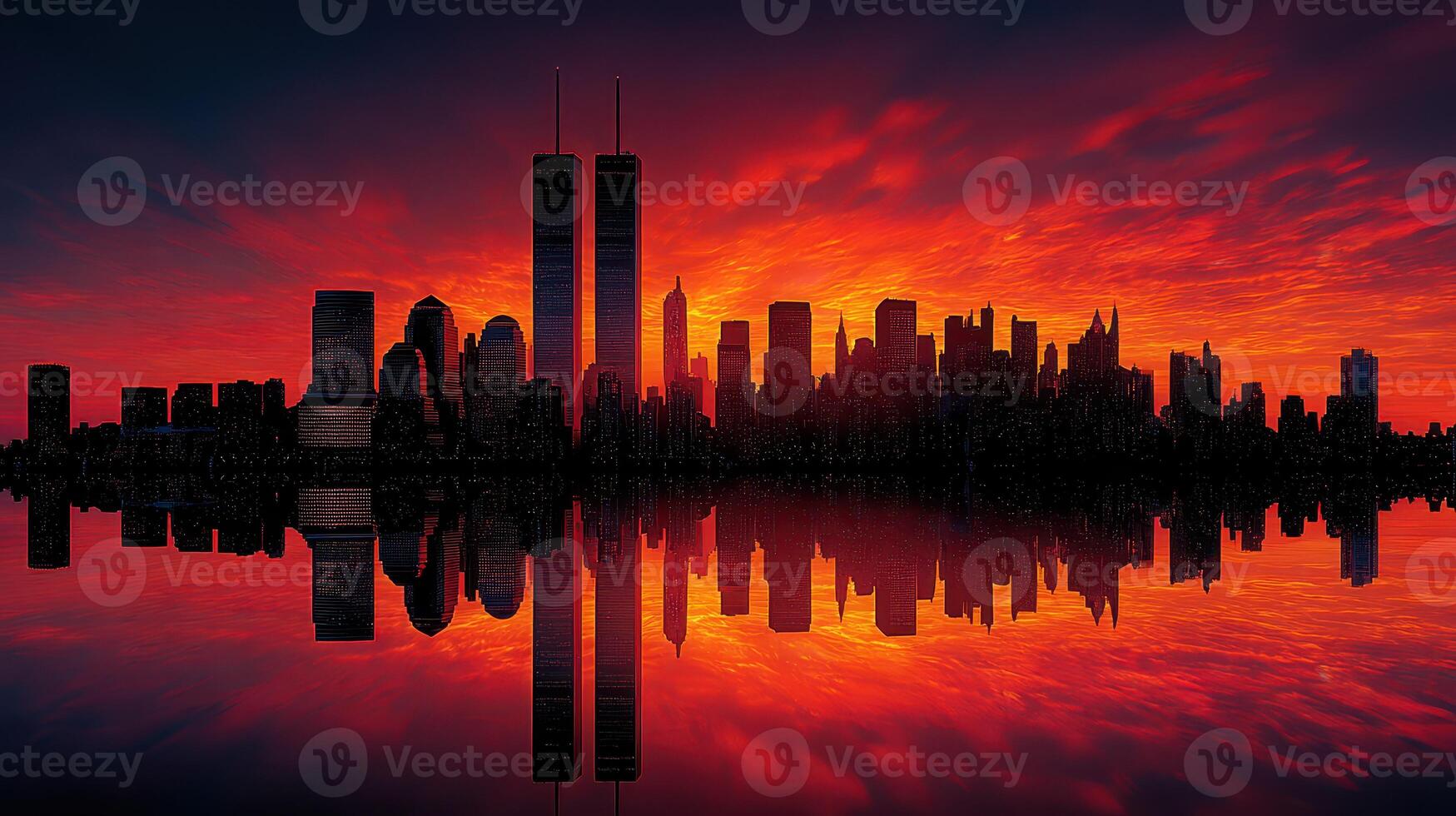 Sunset skyline reflection of a city with iconic twin towers under vibrant colors photo
