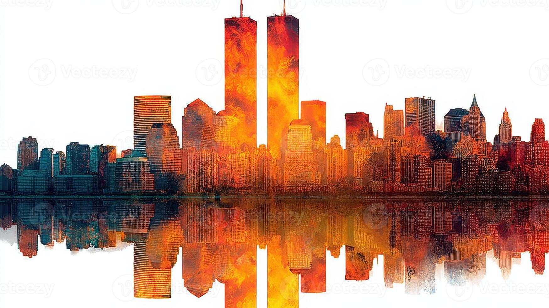 Cities ablaze with flames reflecting off water during a dramatic sunset in a metropolitan skyline photo
