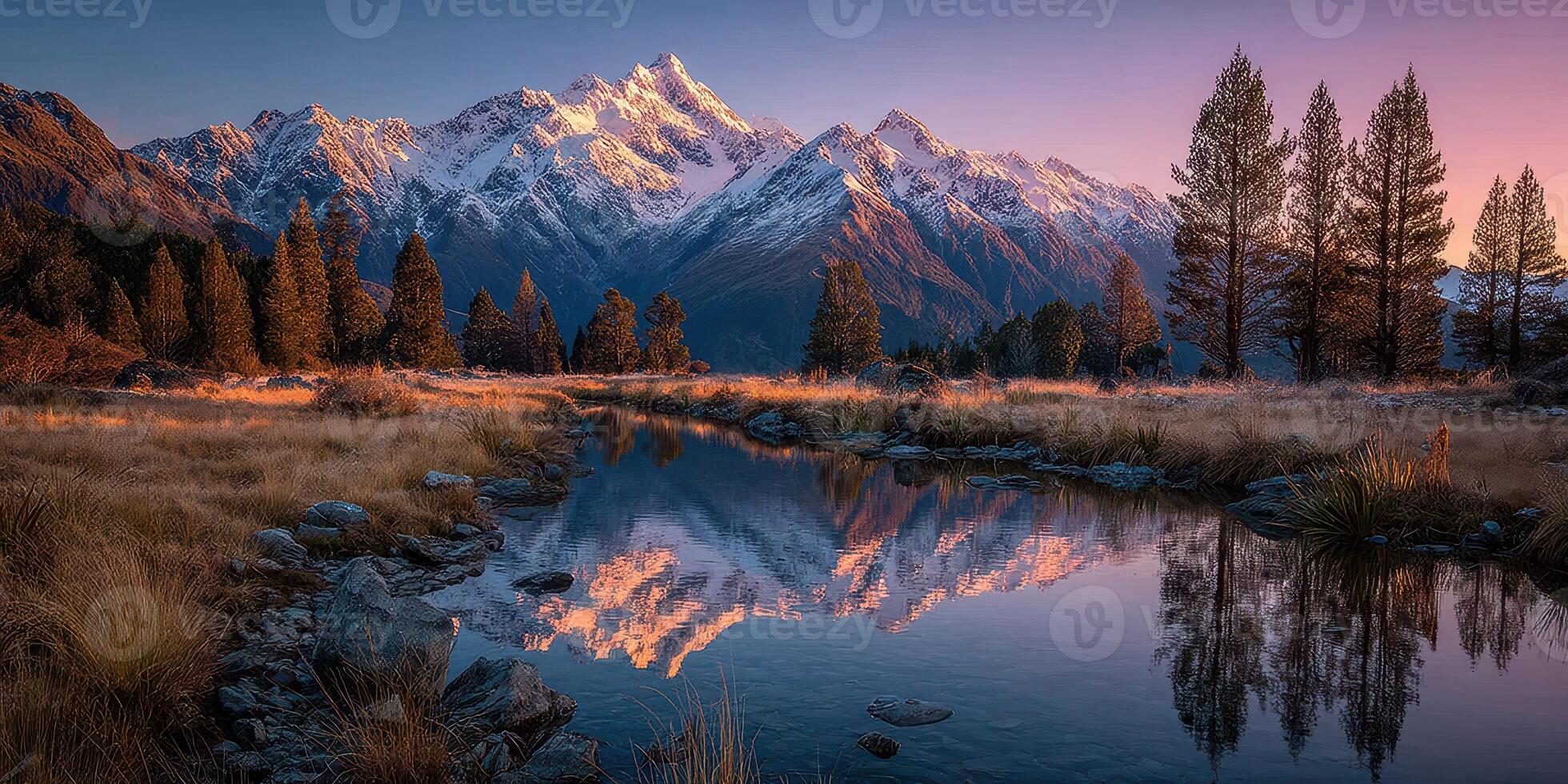 Mountains reflect in calm water at sunset in a serene landscape photo