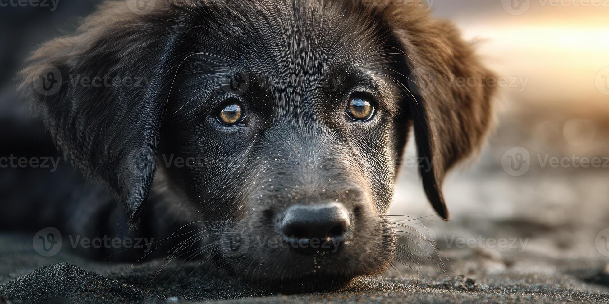 Playful black puppy resting on the sandy beach during sunset, capturing tranquility and innocence photo