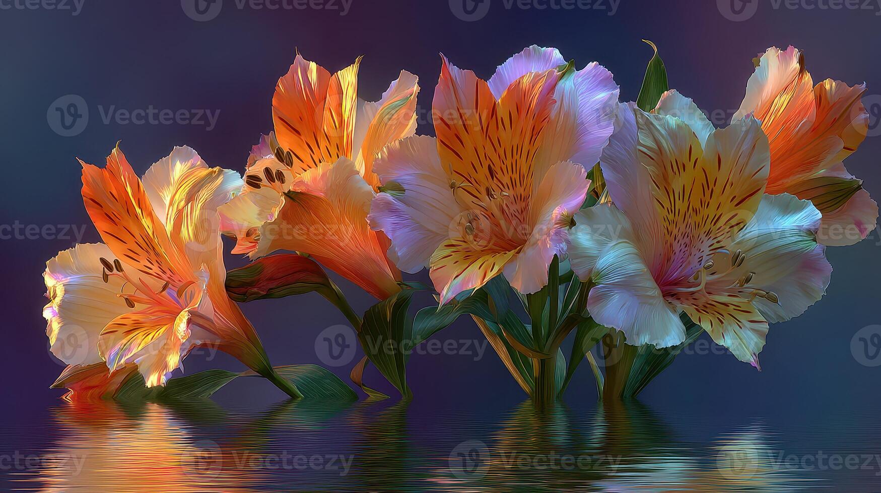 Vibrant orange and white flowers reflected in calm water at dusk in a tranquil setting photo
