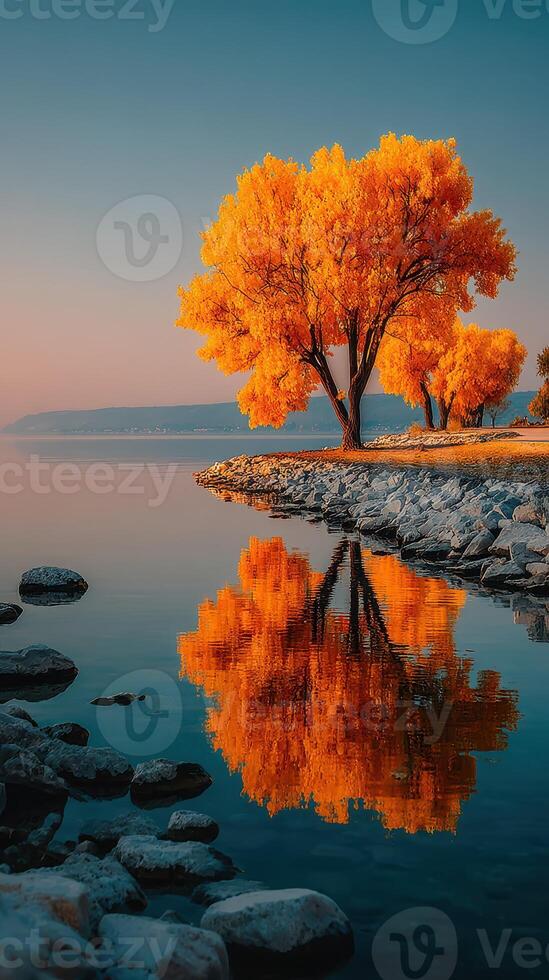 Vibrant autumn trees reflect in calm water along a serene lakeside at sunrise photo
