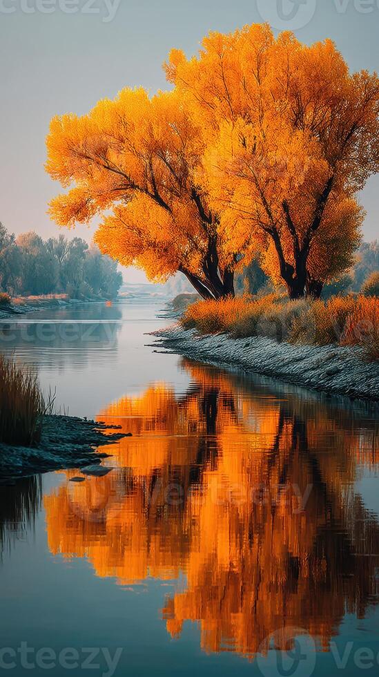 Majestic autumn trees reflecting in a tranquil river at sunset in a serene landscape photo