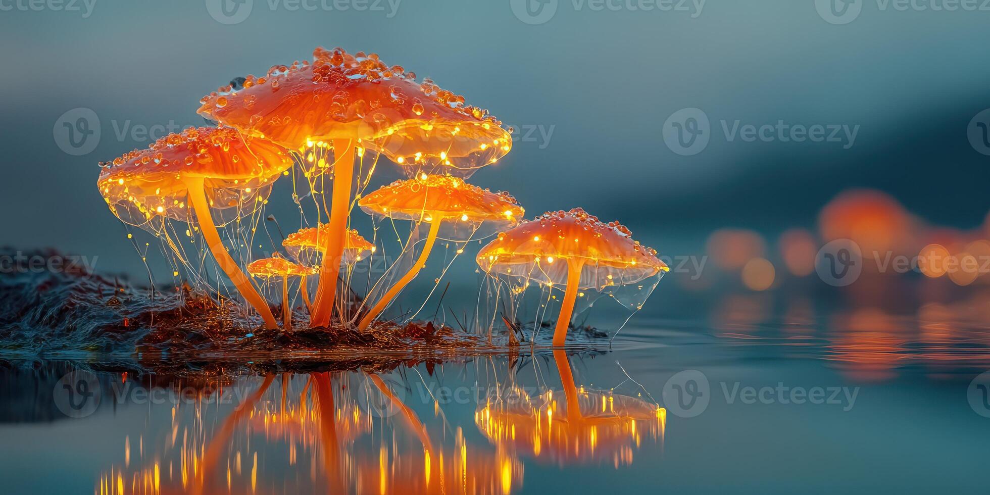 Glowing mushrooms illuminate a serene lakeside at dusk with water droplets enhancing their vibrant colors photo
