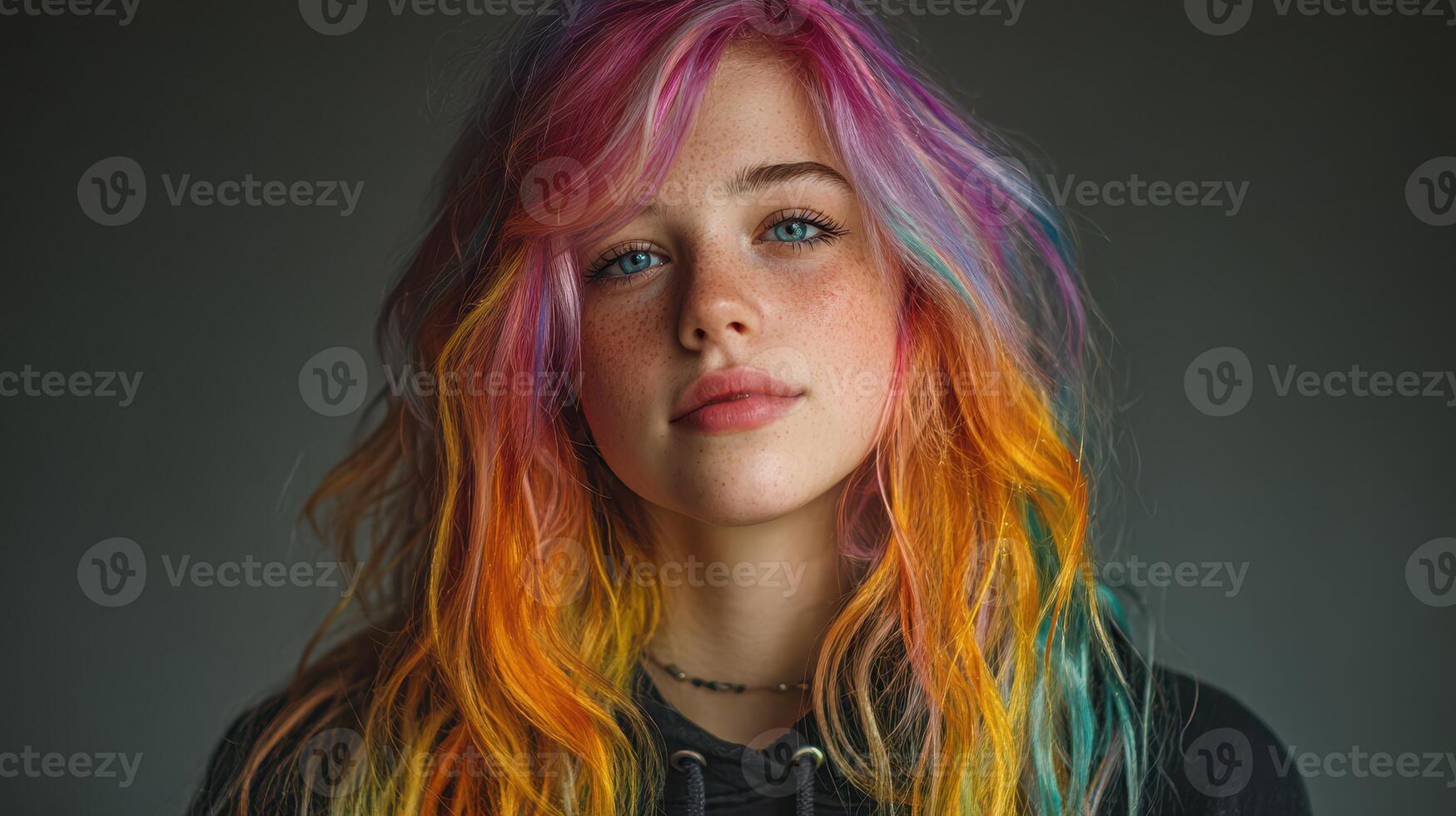 Vibrant portrait of a young person with colorful hair and striking blue eyes against a neutral background photo