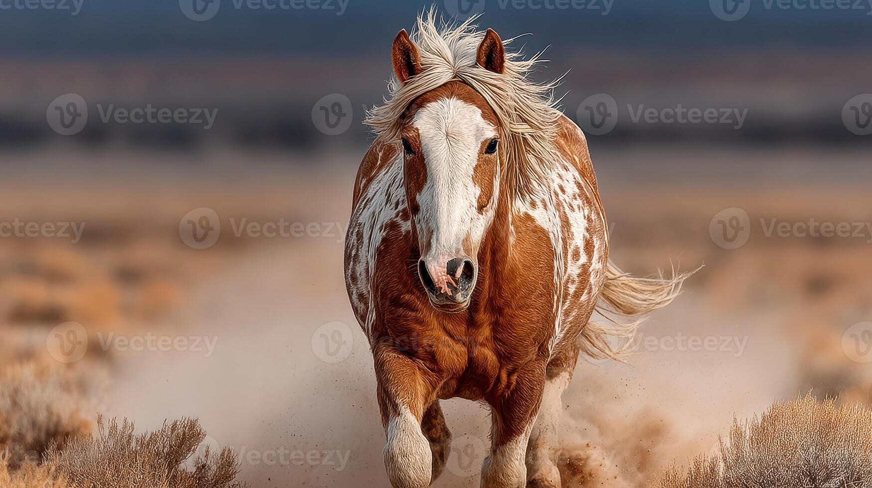 Running horse galloping through dusty plains under a dramatic sky at sunset in the wild photo