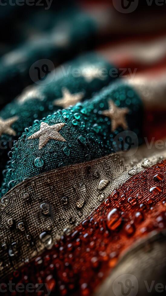 American flag adorned with water droplets showcases colors and textures in a close-up view photo