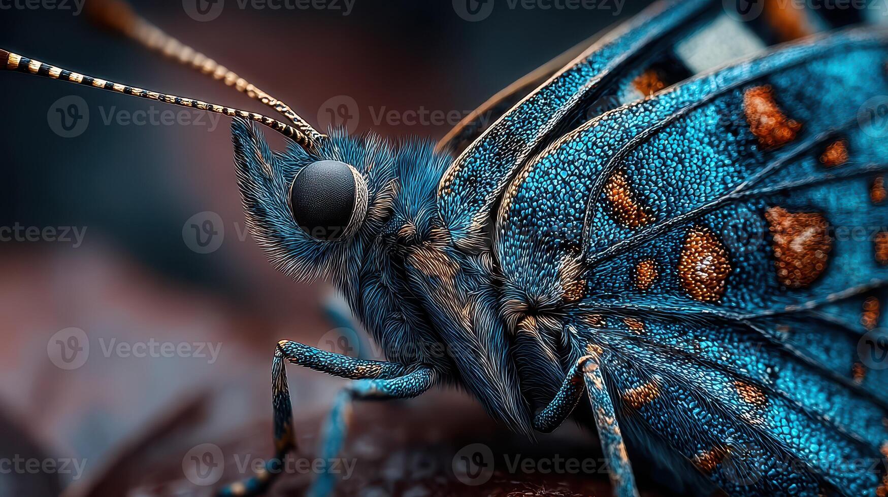 Bright blue butterfly perched on a leaf, showcasing intricate patterns and textures in soft natural light photo