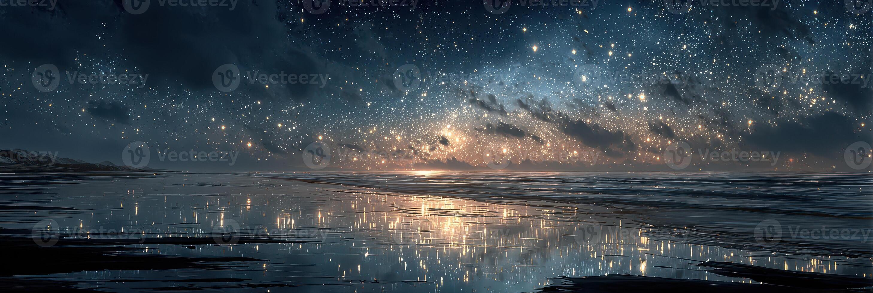 Night sky filled with stars reflecting on a calm ocean surface under a beautiful celestial display photo