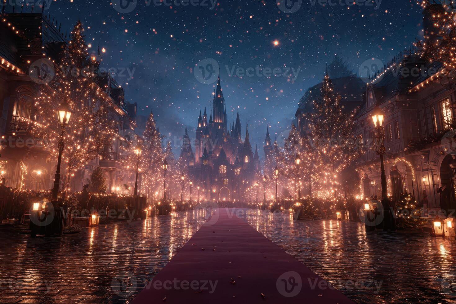 Enchanting winter evening with twinkling lights and a majestic castle in the background during a festive celebration photo