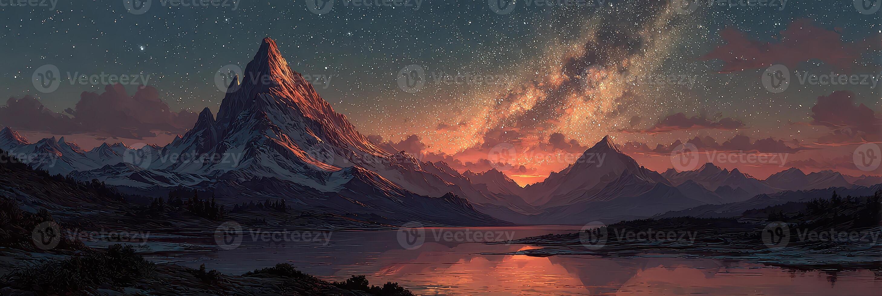 Majestic mountain landscape under a starry night sky with a shimmering lake reflection photo