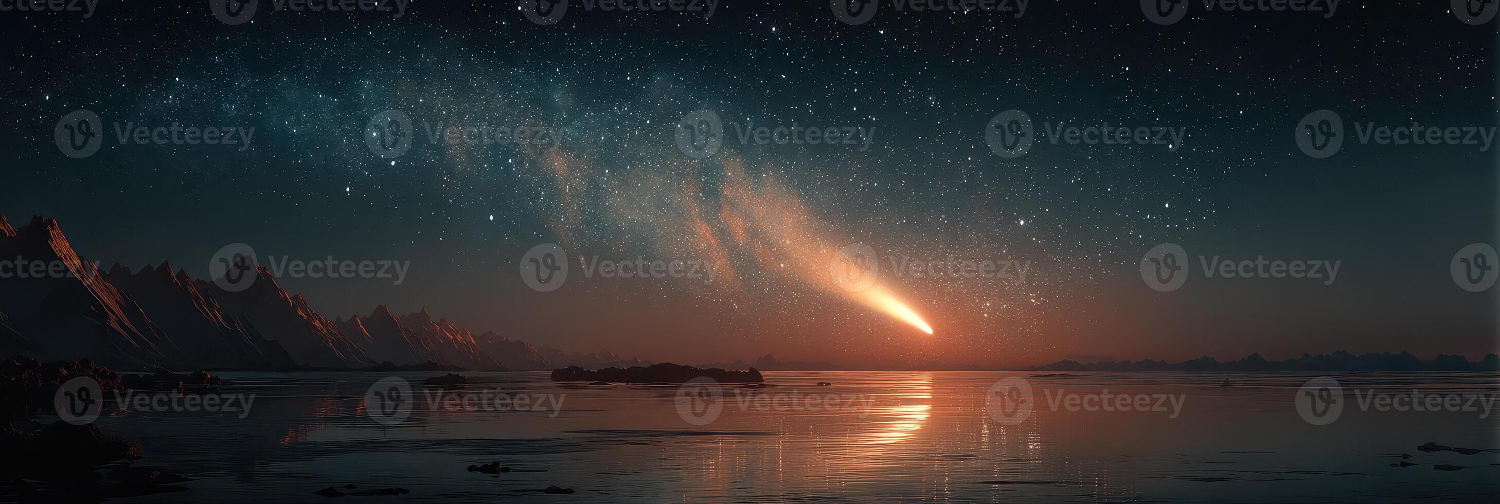 Stunning view of a comet streaking across a starry sky over a tranquil lake at dusk photo