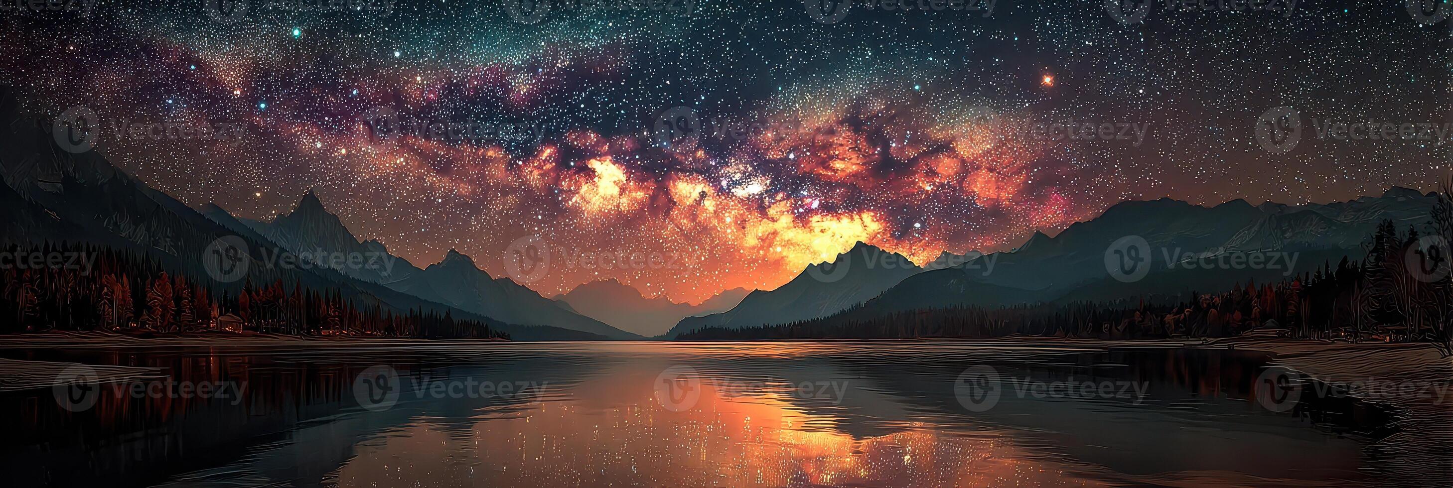 Stunning nighttime view of a serene lake under a starry sky with vibrant colors of the Milky Way reflecting on the water photo