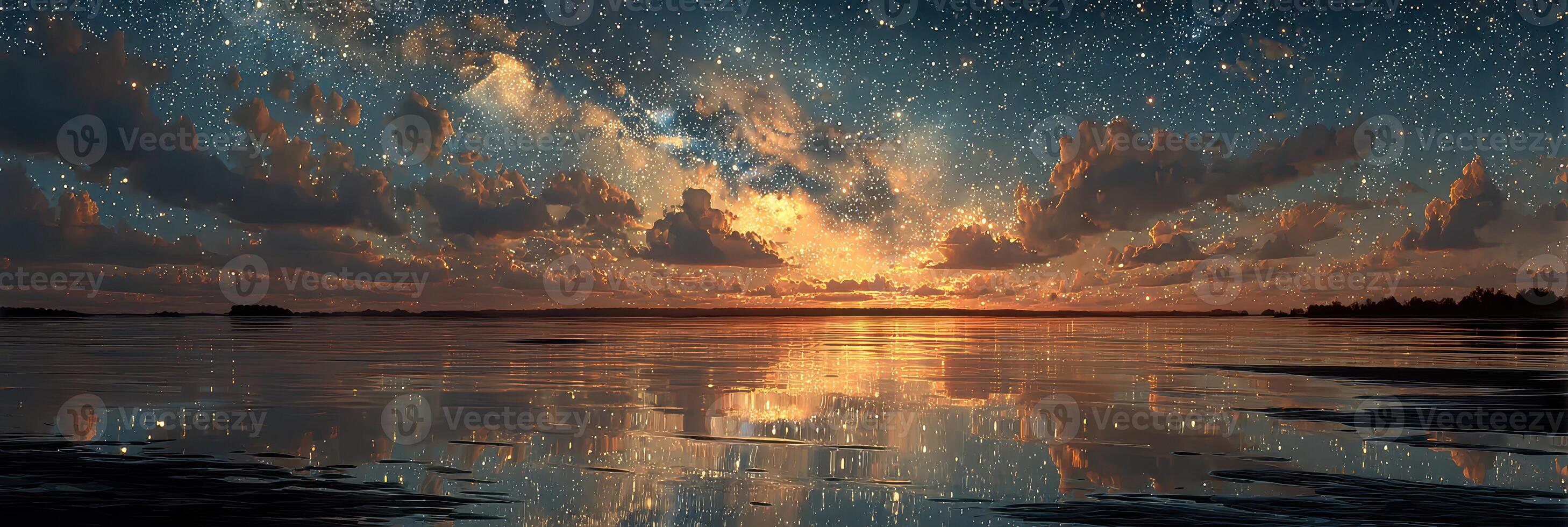 Stunning sunset over tranquil lake reflecting a starry sky with billowing clouds photo