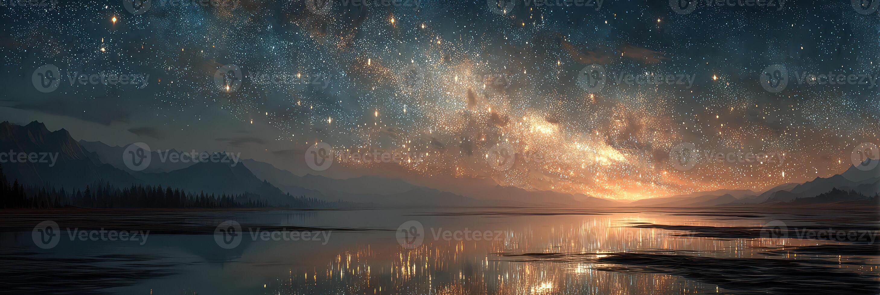 Starlit night sky reflected in calm lake with mountains in the background during twilight hours photo