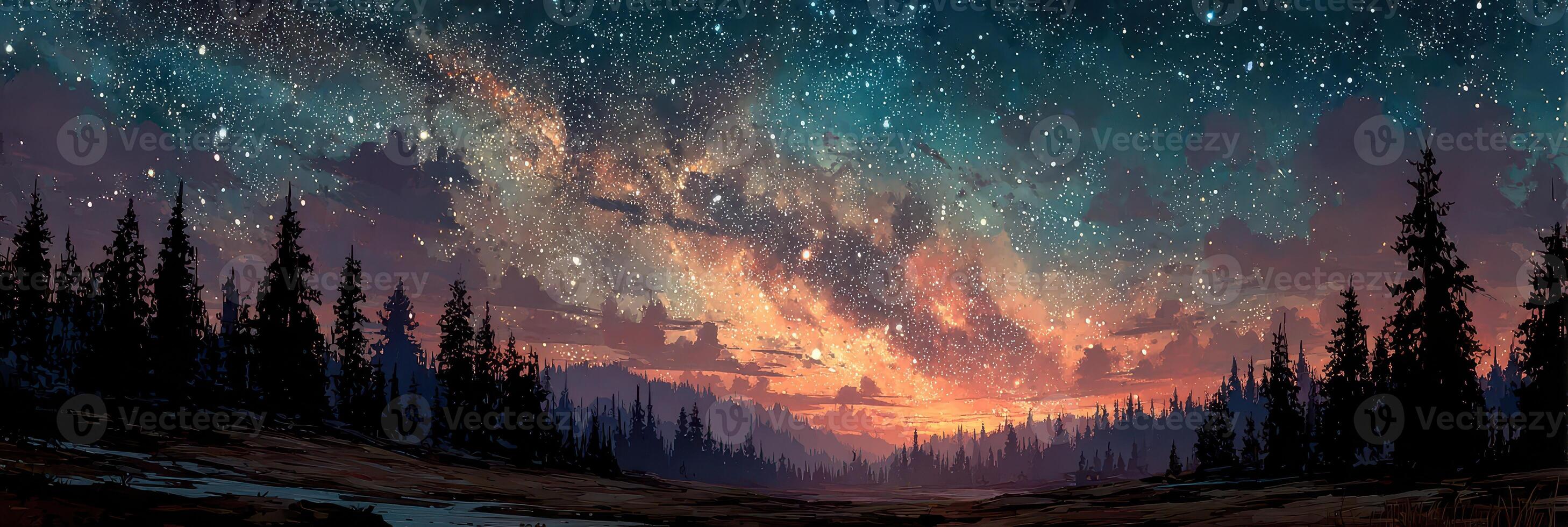Night sky over a tranquil forest landscape with stars and colorful clouds at dusk in a remote area photo