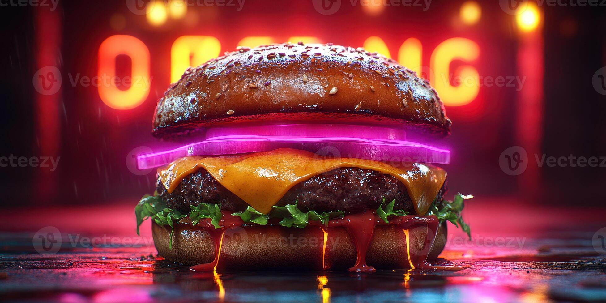 Delicious burger with vibrant toppings served in a lively restaurant setting at night photo