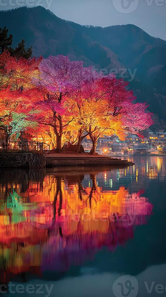 Autumn colors reflect on serene lake at twilight near mountains illuminating the beauty of nature photo