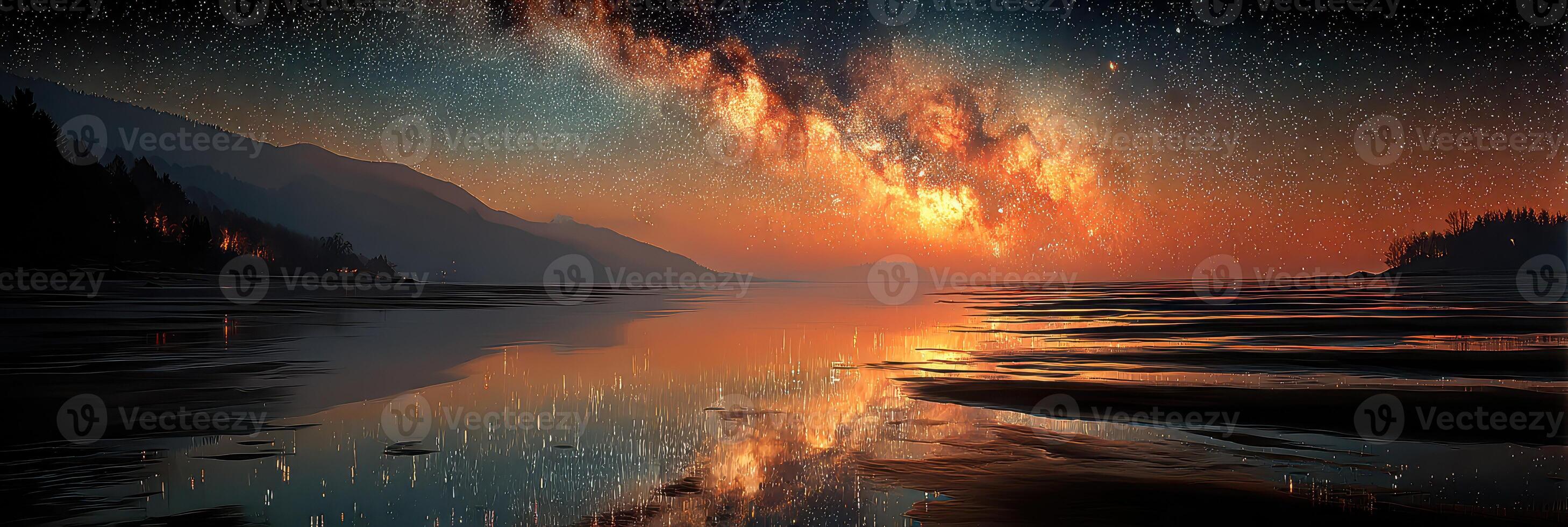 Stunning view of the Milky Way reflecting on calm waters during twilight at a serene beach photo