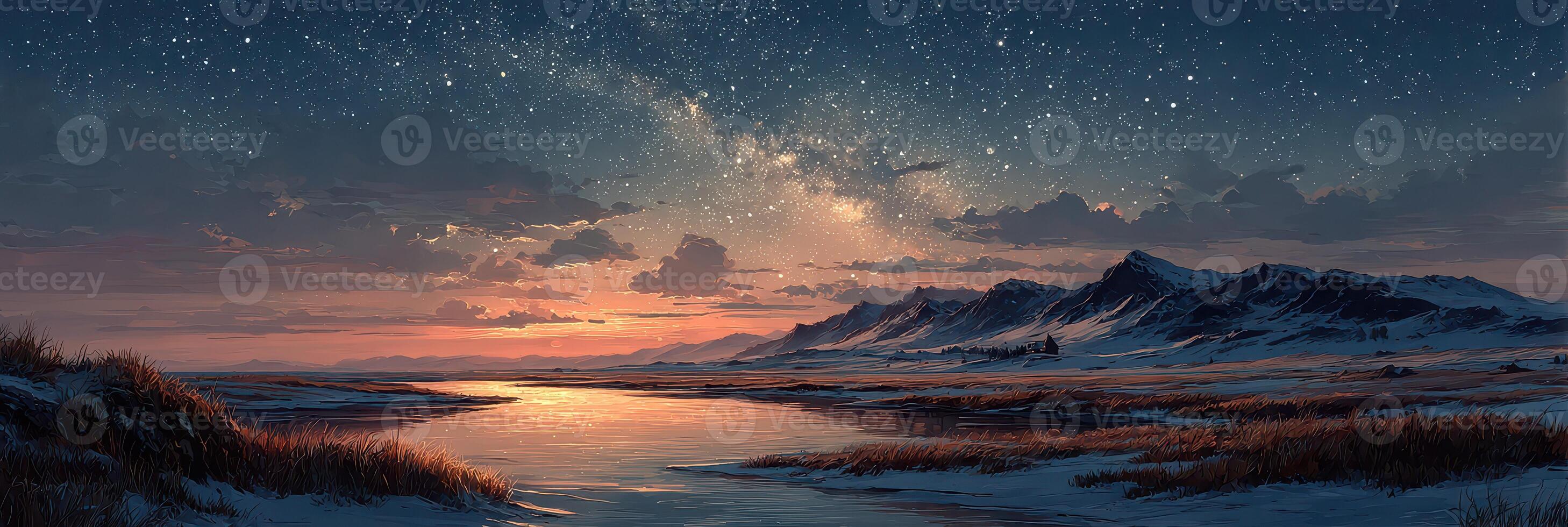 Starlit night over snowy mountains with a reflective river at dusk photo