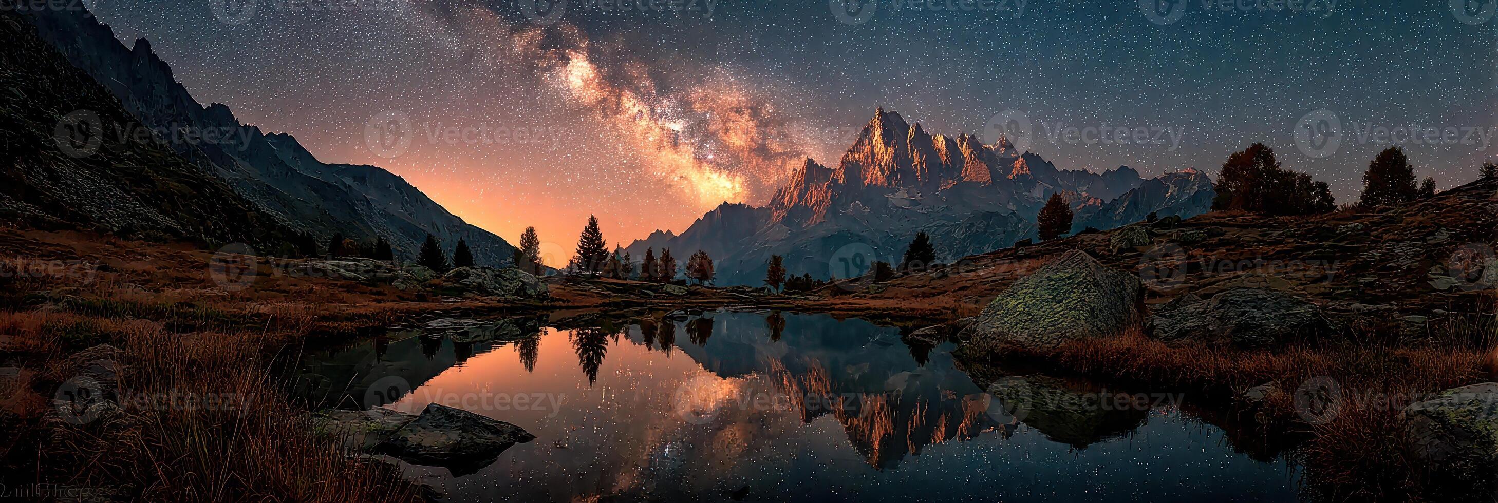 Starlit mountain landscape reflects in calm lake at dusk in serene natural setting photo