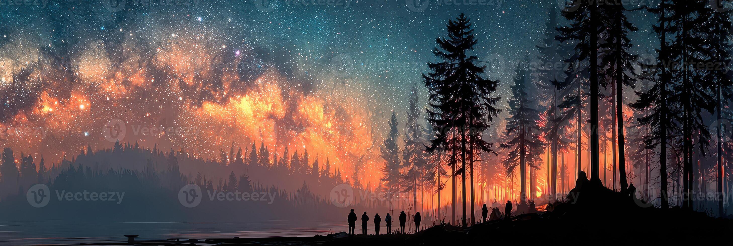 Starry night sky over a tranquil forest with silhouettes of people enjoying nature at dusk photo
