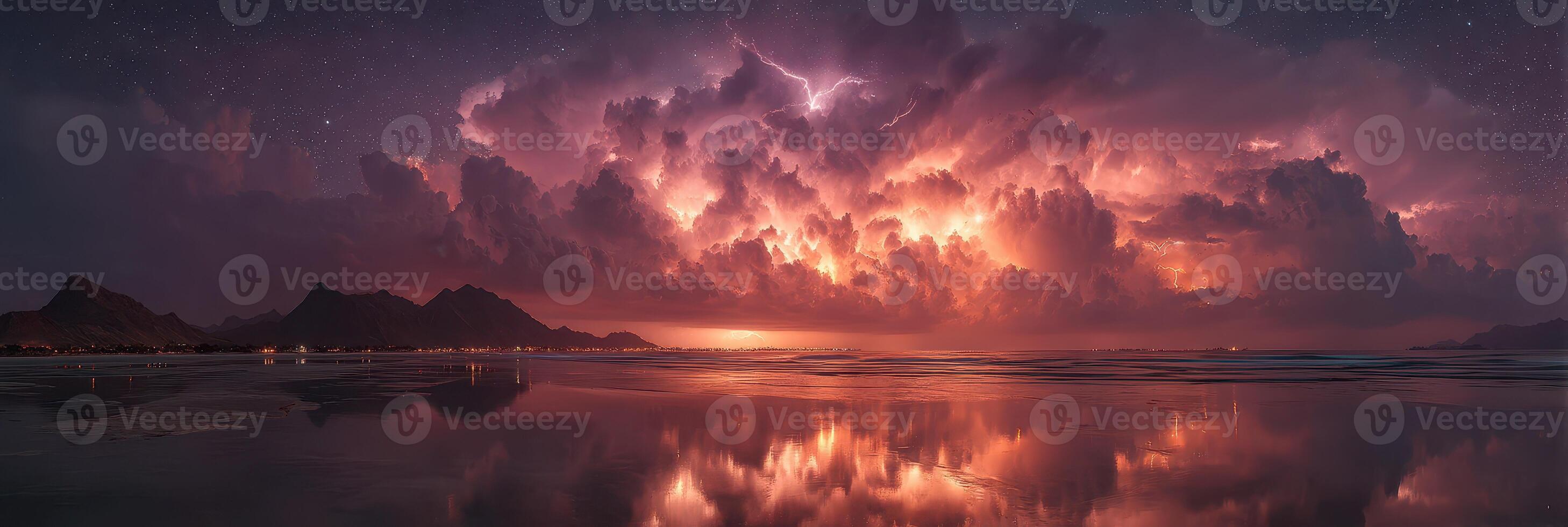 Dramatic lightning lights up the night sky above the ocean with stunning cloud formations and reflections at a coastal landscape photo