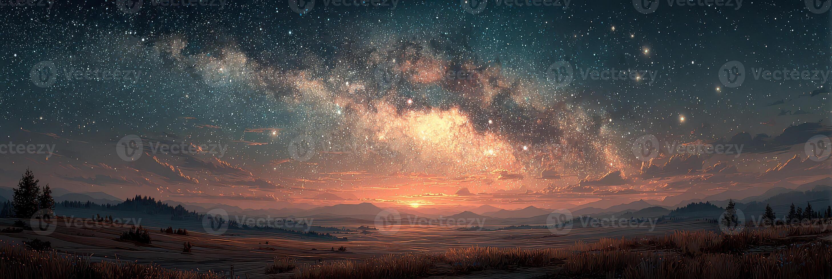 Starlit sky above rolling hills at dusk with vibrant hues and the Milky Way stretching across the horizon photo