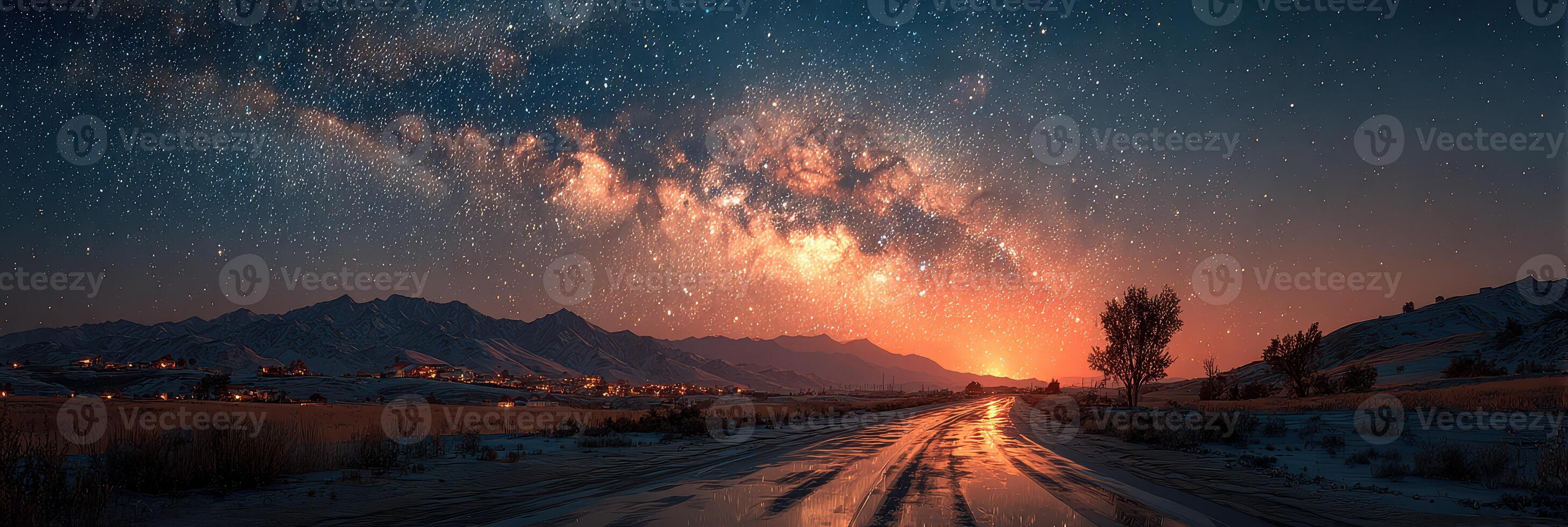 Stunning night sky with the Milky Way over a winding road and mountains in the background photo