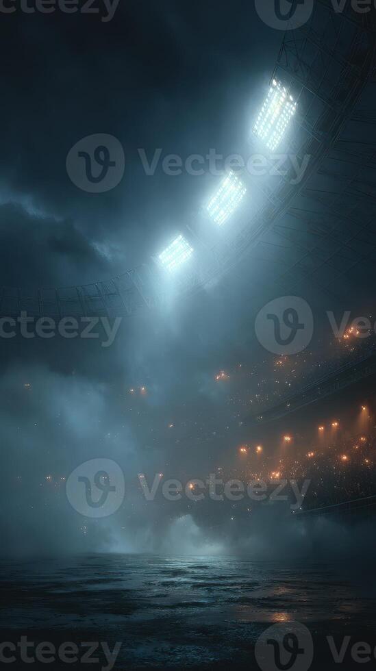 Mysterious stadium illuminated by floodlights on a foggy night with an excited crowd in attendance photo