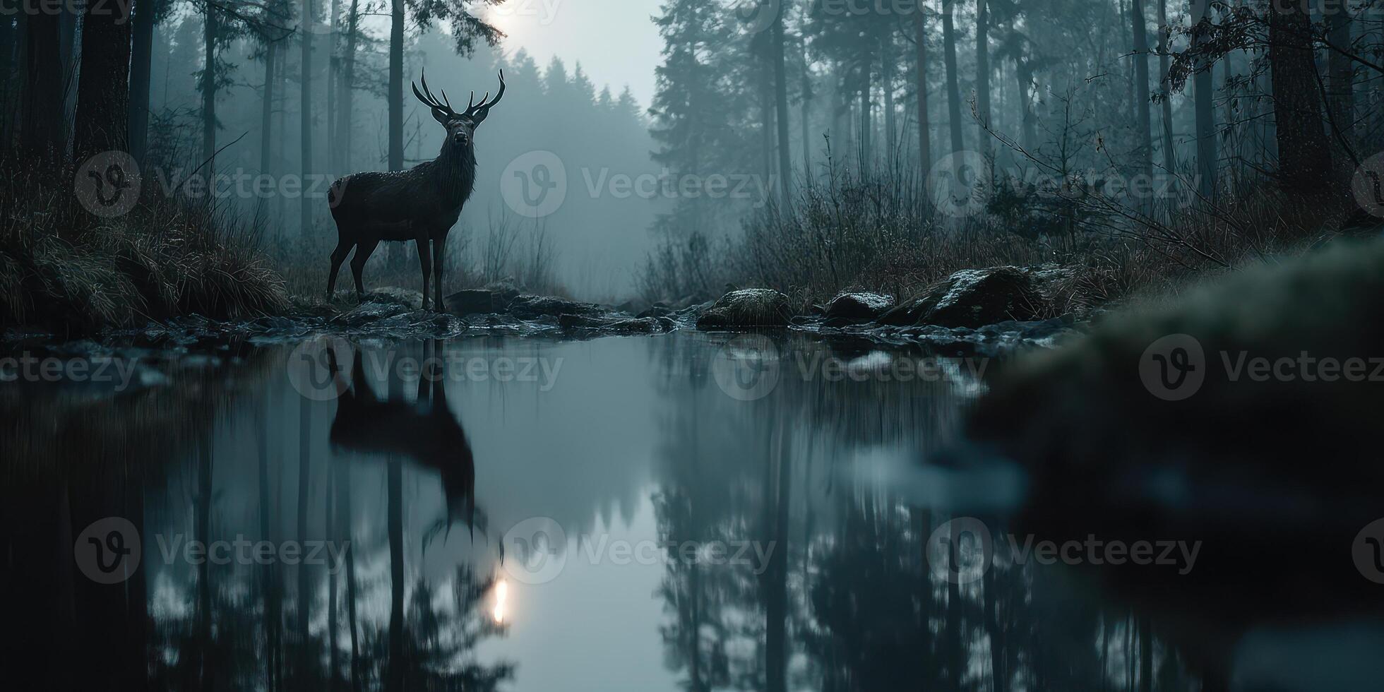 Majestic stag stands by a tranquil reflection in a misty forest during twilight hours photo