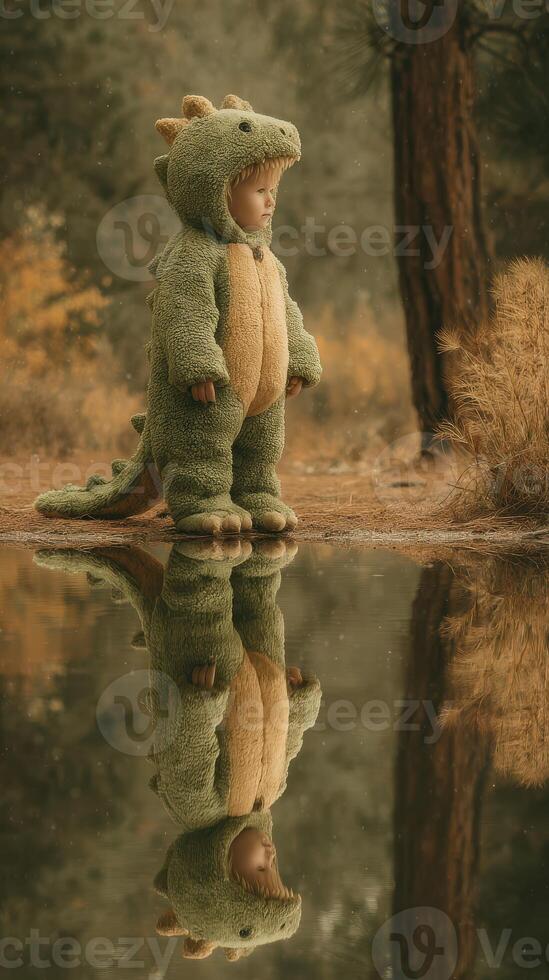 Child dressed in dinosaur costume standing beside a serene pond during autumn afternoon photo