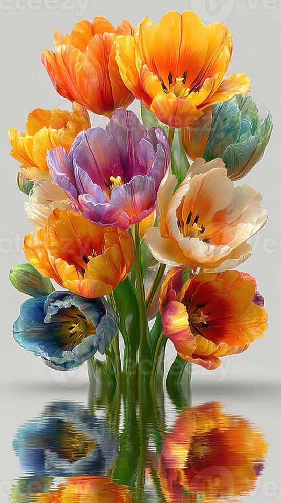 Vibrant tulip bouquet with reflections in serene setting showcases natural beauty and artistic design photo