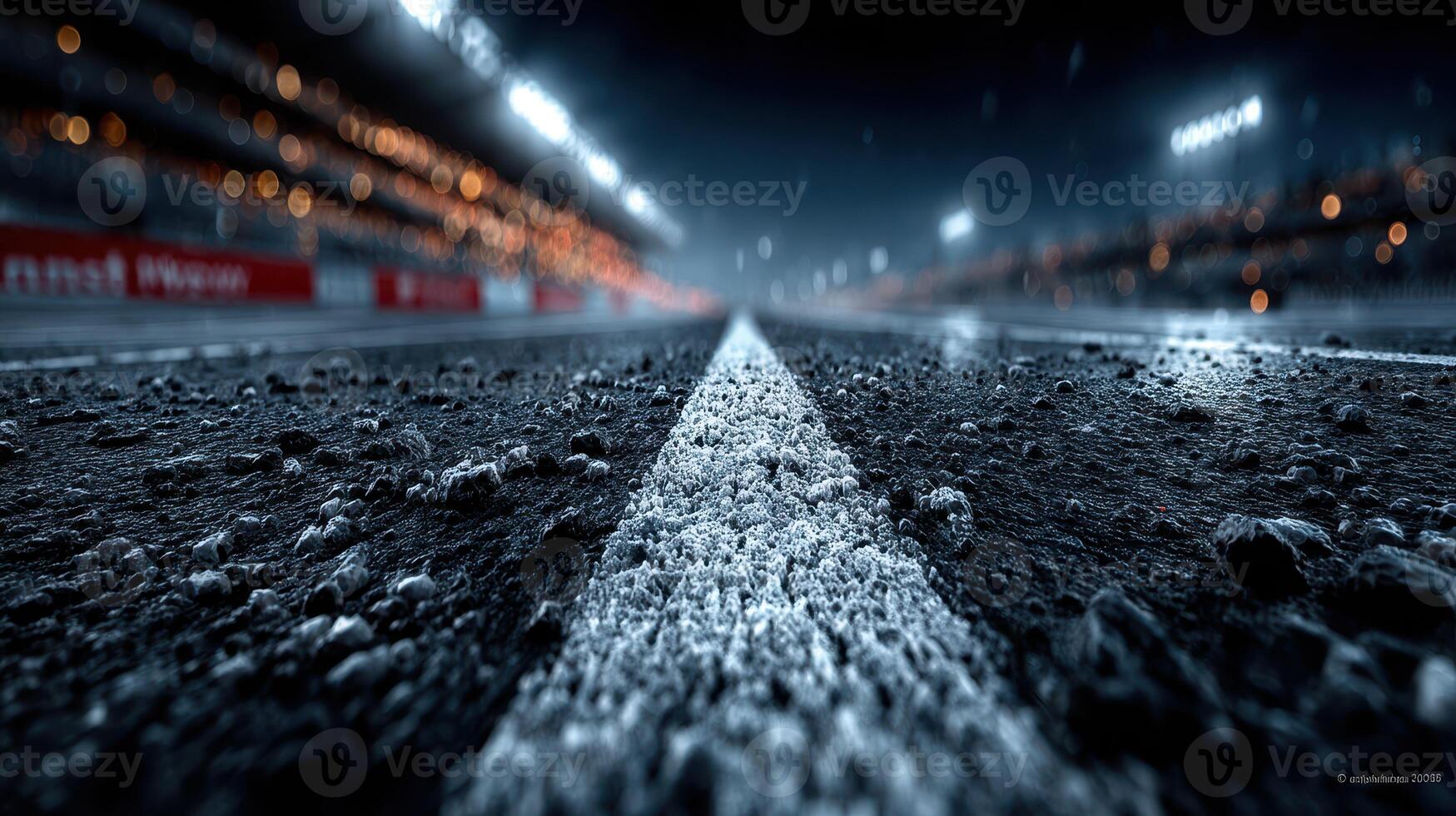 Nighttime view of a racetrack with illuminated stands and a focus on the asphalt surface photo