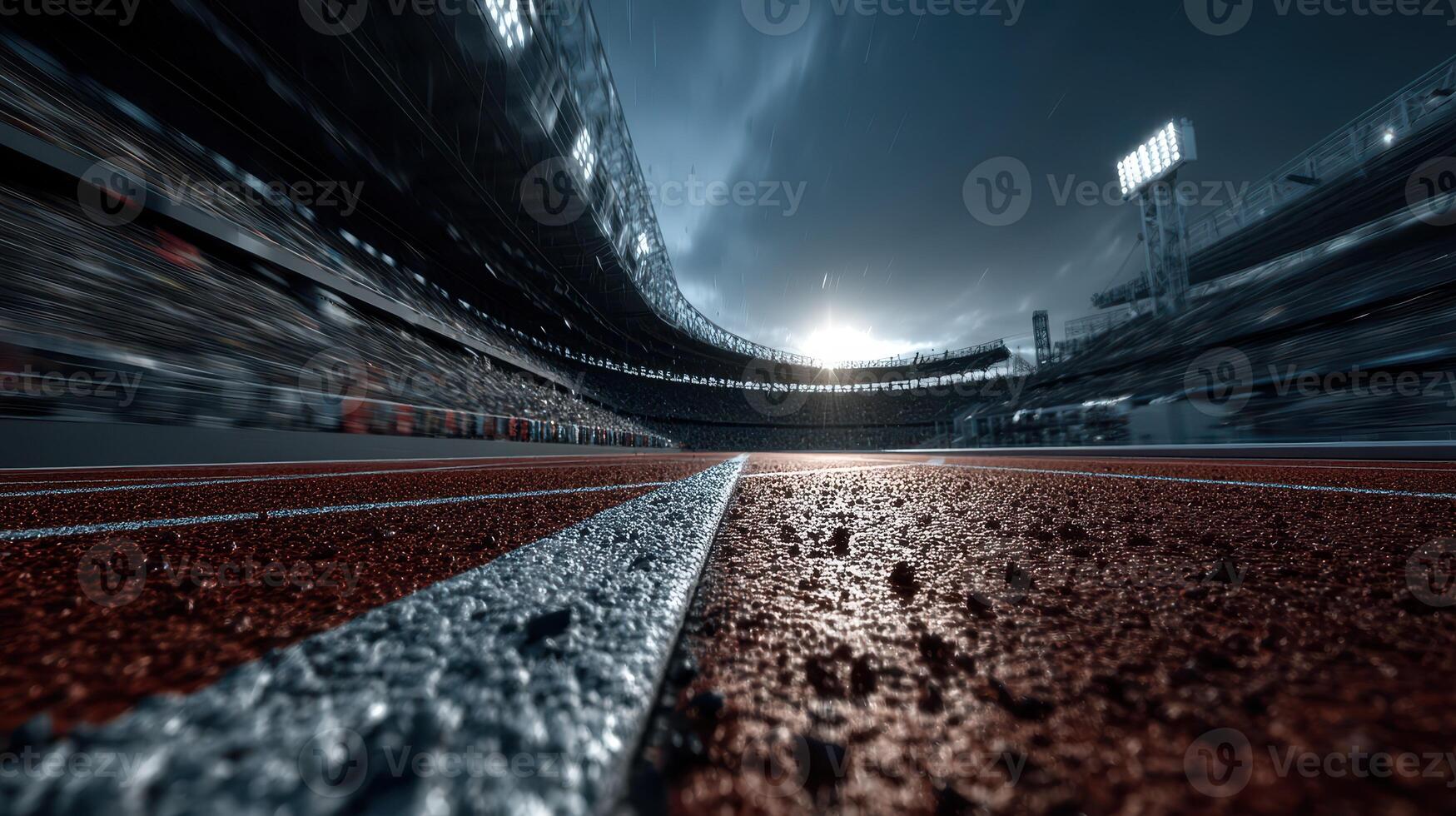 Stadium track surrounded by cheering crowd under dramatic lighting before an intense race event photo