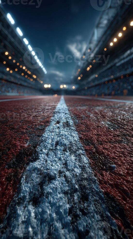Racetrack at dusk with lights illuminating the field and a focus on the texture of the surface photo