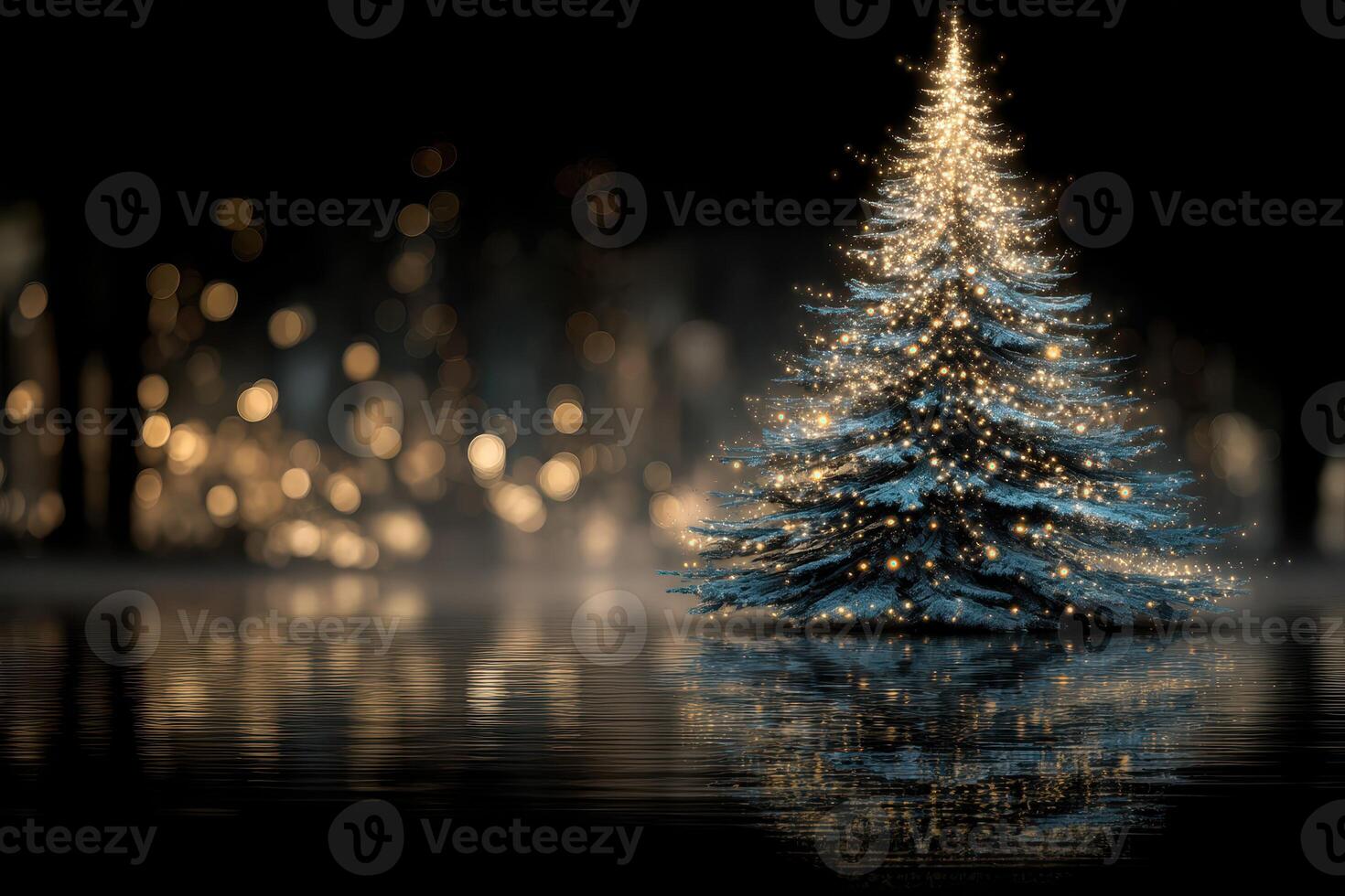 Glowing Christmas tree surrounded by sparkling lights reflecting on water in a festive winter setting photo