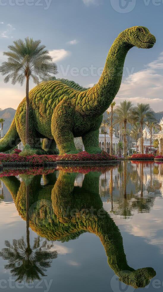 Large dinosaur topiary sculpture reflects in tranquil water at a botanical garden during golden hour photo