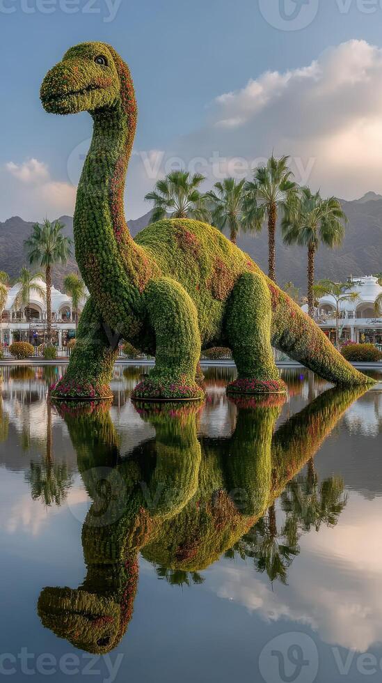 Large dinosaur topiary in a reflective pond surrounded by palm trees during golden hour photo