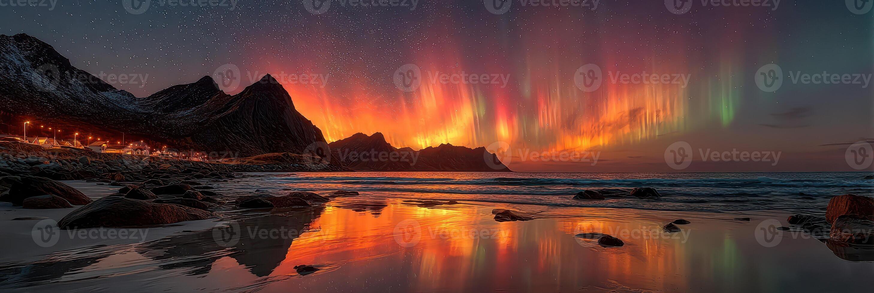 Vibrant northern lights illuminate a serene beach at Lofoten Islands during twilight hours photo