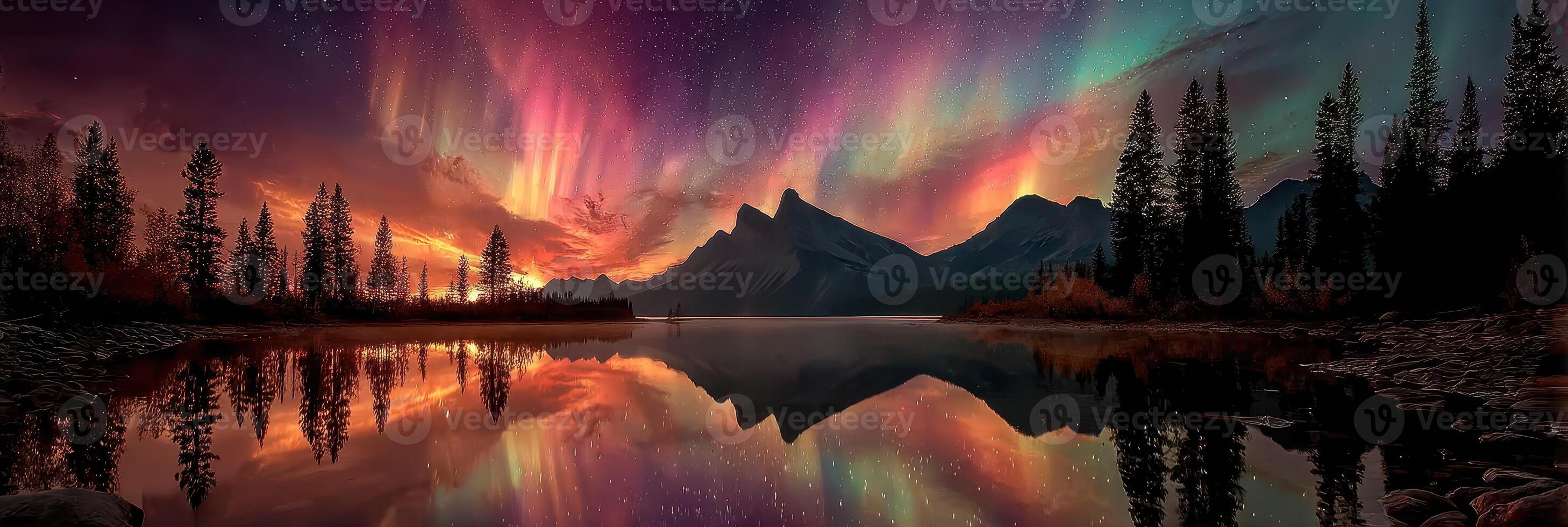 Vibrant aurora illuminates mountain landscape with reflection on tranquil lake at dusk photo