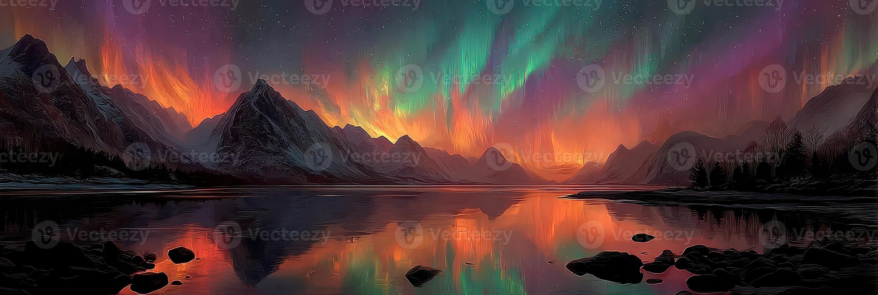 Majestic northern lights illuminating mountains and a tranquil lake at dusk in a remote landscape photo