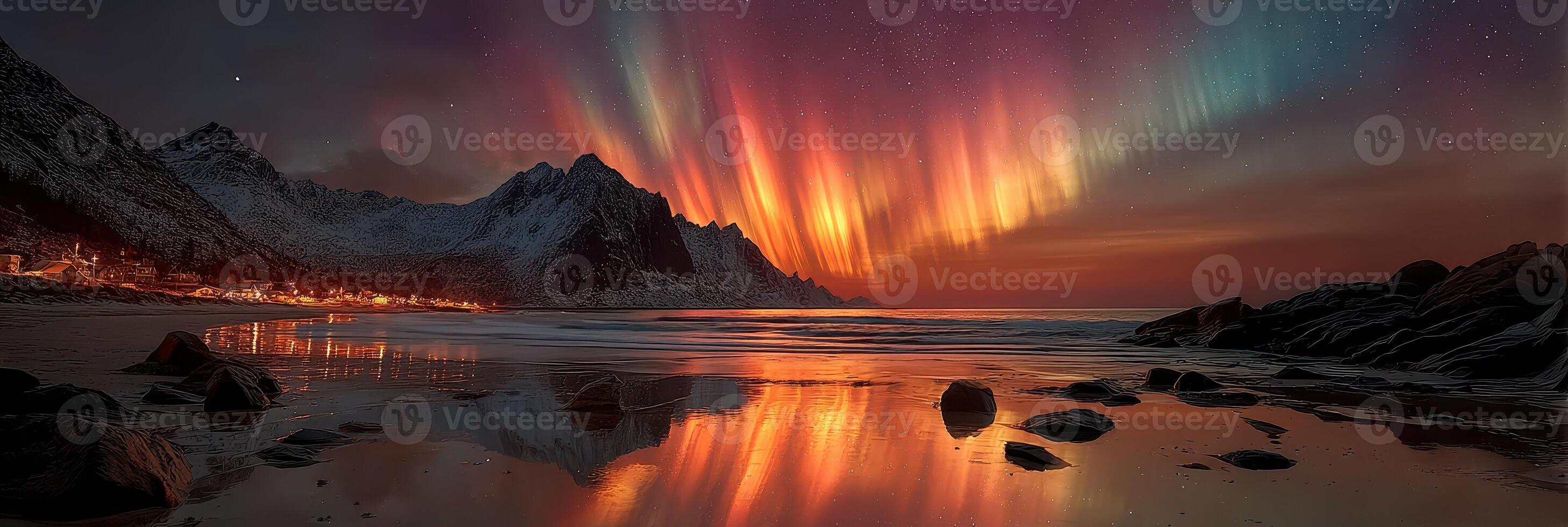 Capture of stunning aurora borealis over snow-capped mountains and beach at night in northern landscape photo