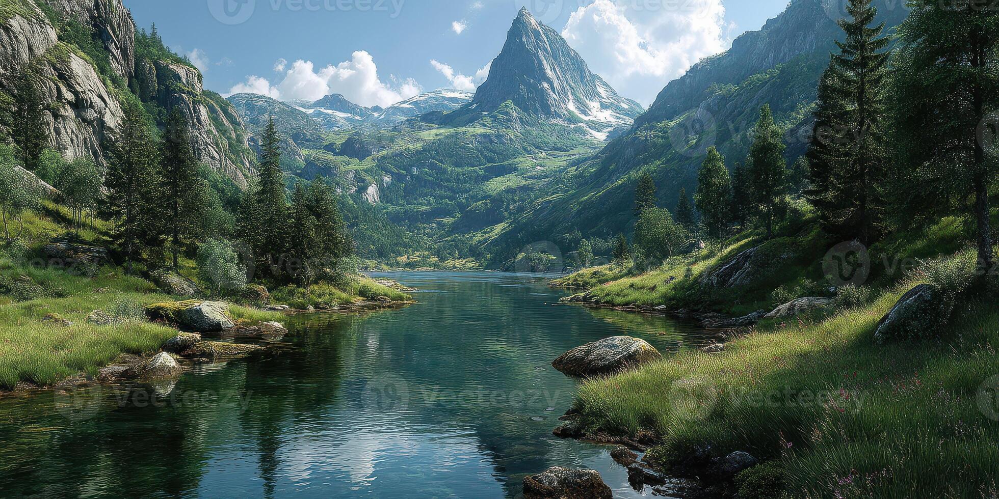 Serene mountain landscape with clear water reflecting majestic peaks and lush greenery during a sunny day photo