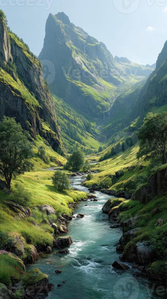 Majestic river flowing through lush green valleys surrounded by towering mountains during a bright sunny day photo