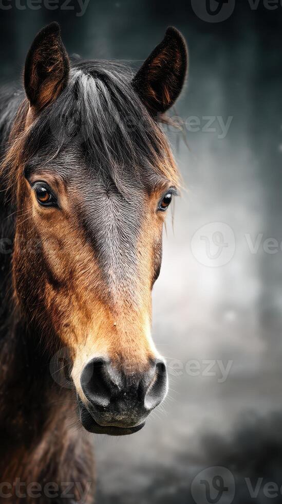 Close-up of a brown horse with expressive eyes against a blurred background in a natural setting during daylight photo