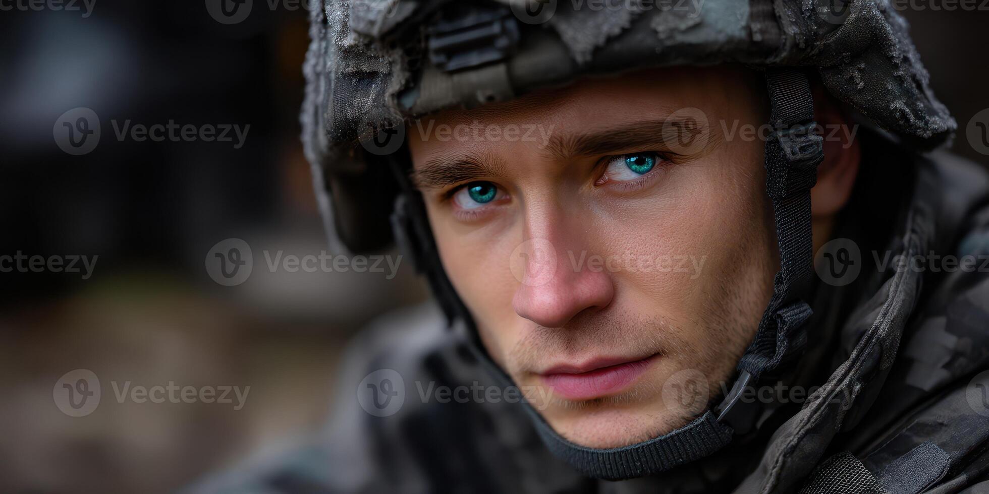 Soldier in tactical gear poses for a close-up portrait during military training in a rugged environment photo