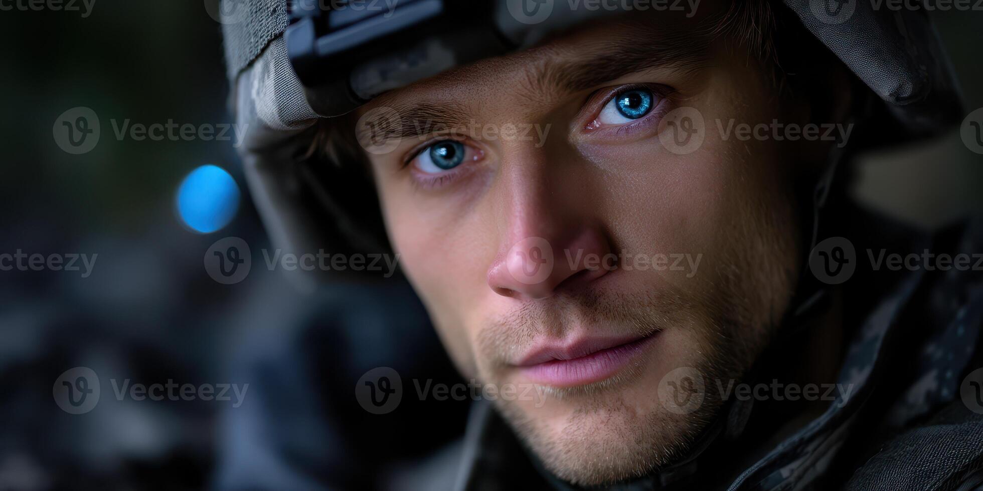 Soldier with striking blue eyes focused during nighttime operation in urban environment photo