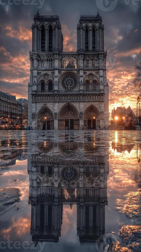 Sunset reflections on Notre Dame Cathedral in Paris after rain creates a stunning visual contrast photo